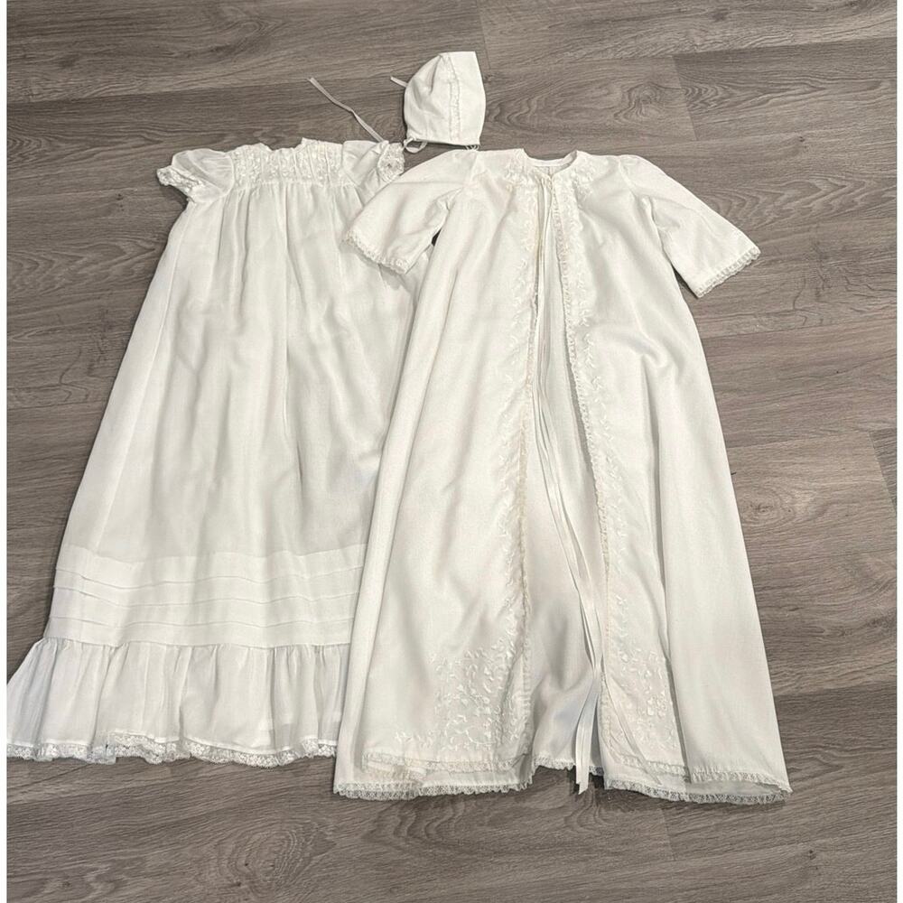 3 piece white baptism or christening outfit gown, jacket/overcoat and bonnet